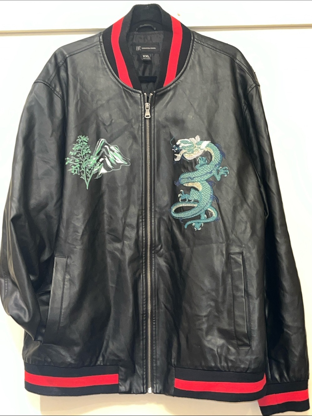 INC Black Faux Leather Bomber Jacket with Green Embroidered Dragon XXL